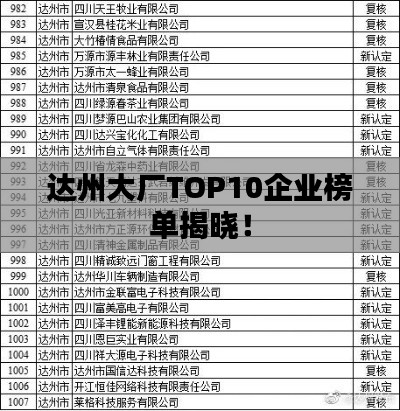 达州大厂TOP10企业榜单揭晓！